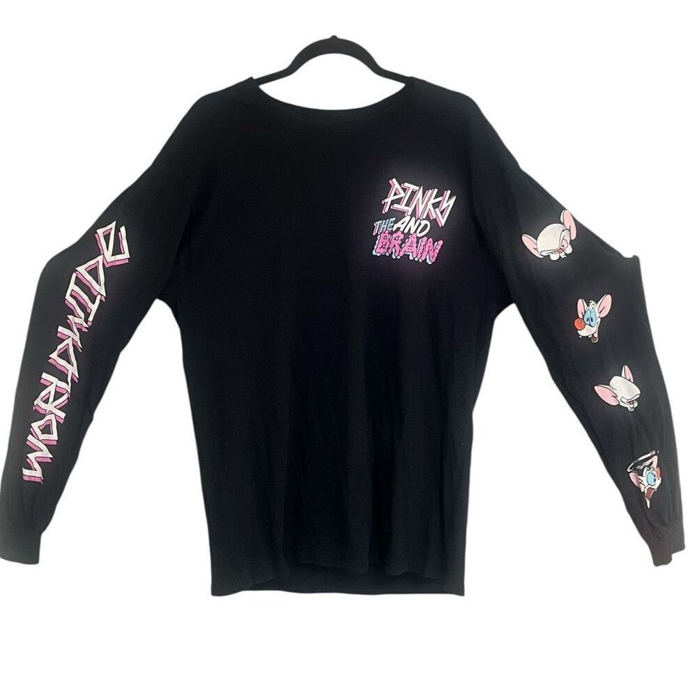 Pinky & The Brain Mens Black Long Sleeve Tshirt Front,Back& Arm Graphic Sz M RN